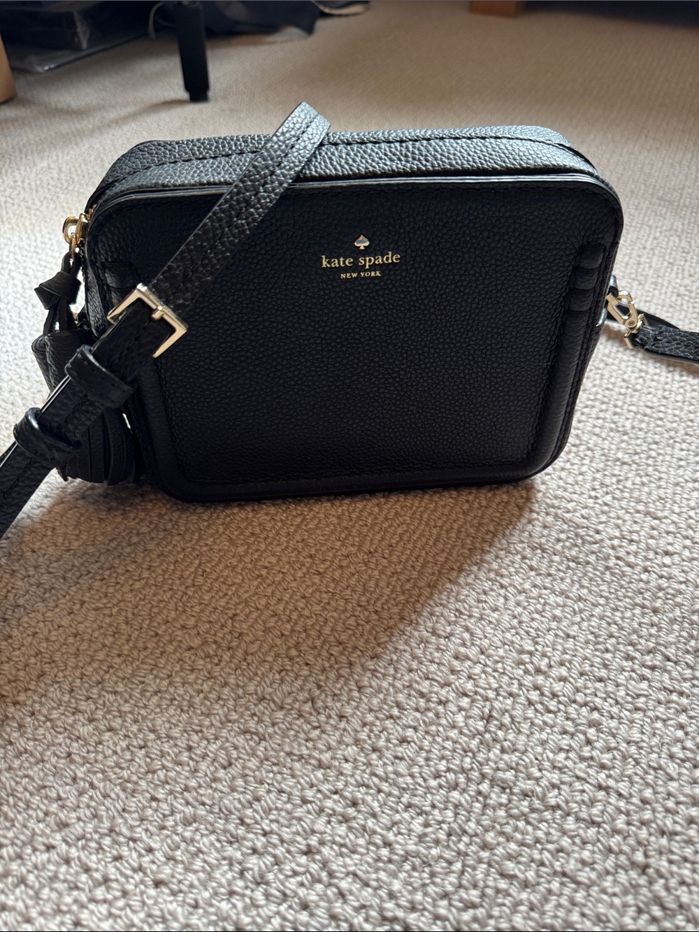 kate spade Black Pebbled Leather Crossbody Camera Bag with Gold Logo